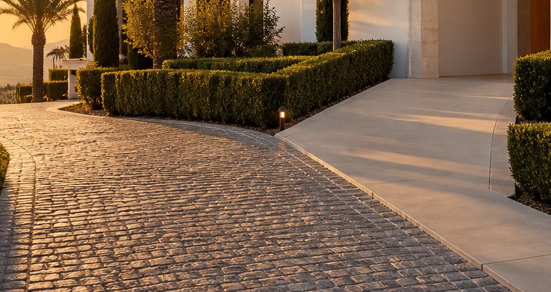 Concrete garage driveway with a gate, an example of the accesses we pressure wash (demonstration image)