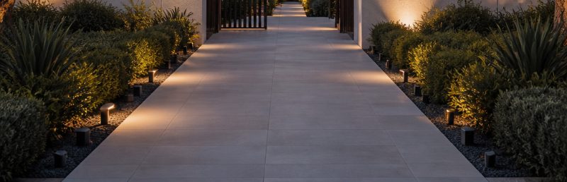 Paved outdoor path between buildings with a garden, an example of a communal area we clean (demonstration image)