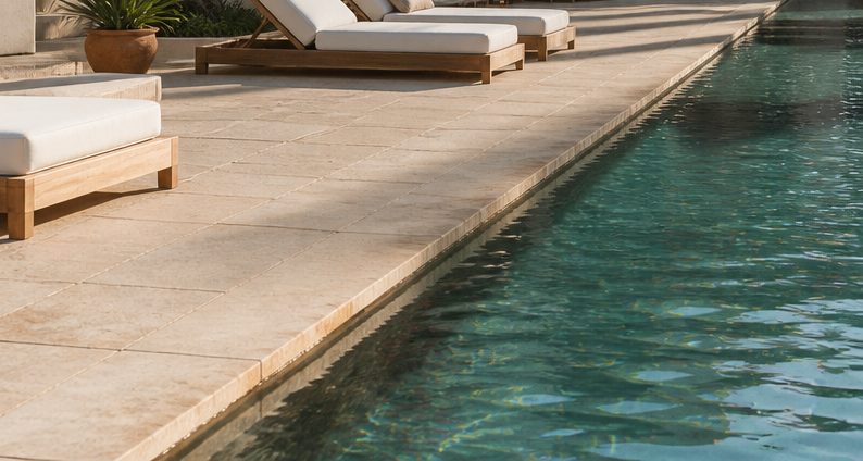 Pool edge and light stone sun deck at dusk, an example of the pool areas we clean (demonstration image)